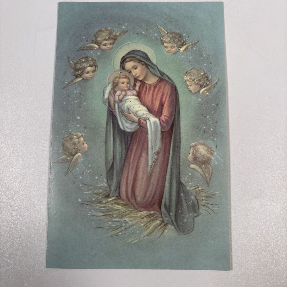 Vintage Reproducta Madonna & Child Christmas Card Cherub Angels Nativity MCM